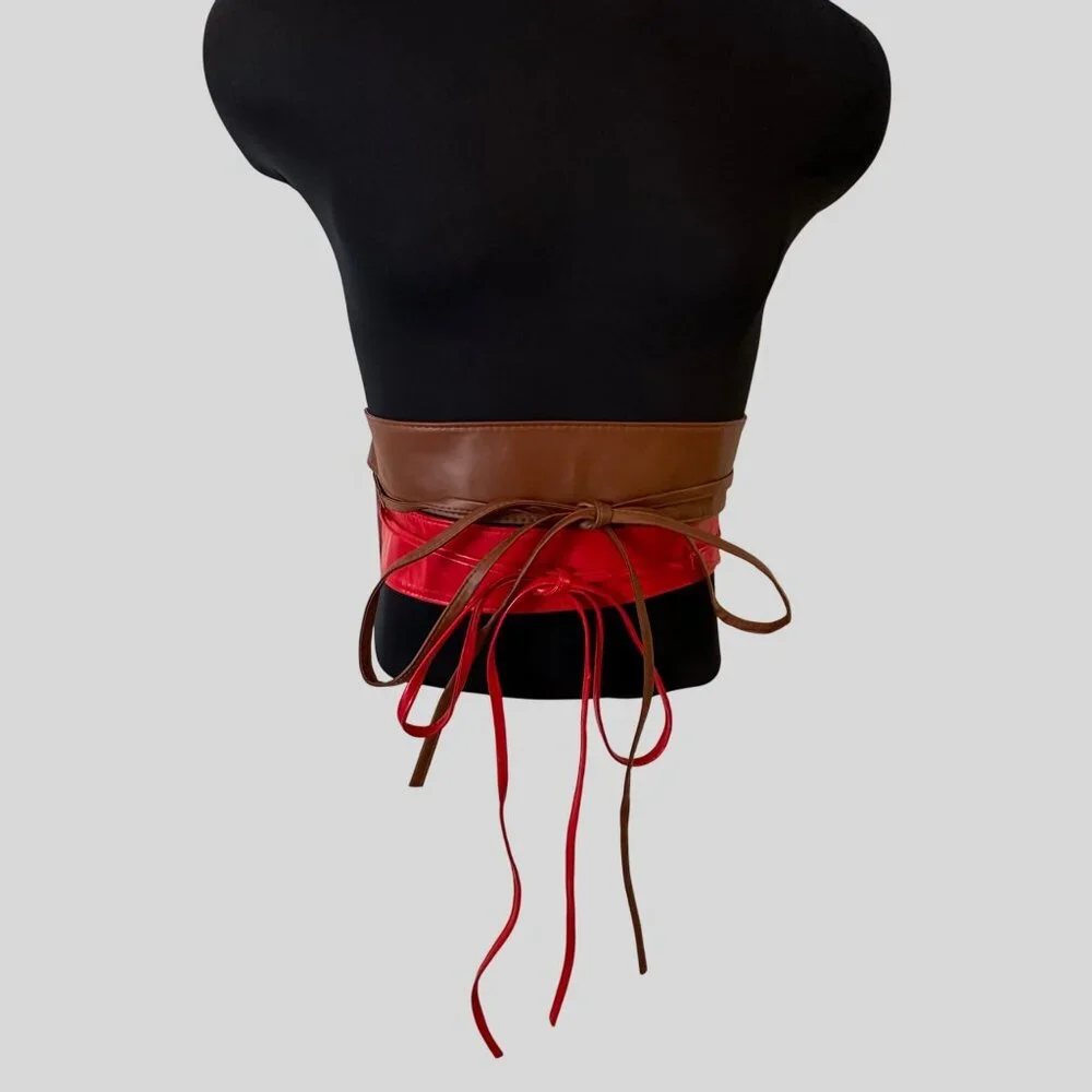 LOT of 2 Red and Brown Faux Leather Wrap Belts Long Ties Adjustable Fit
